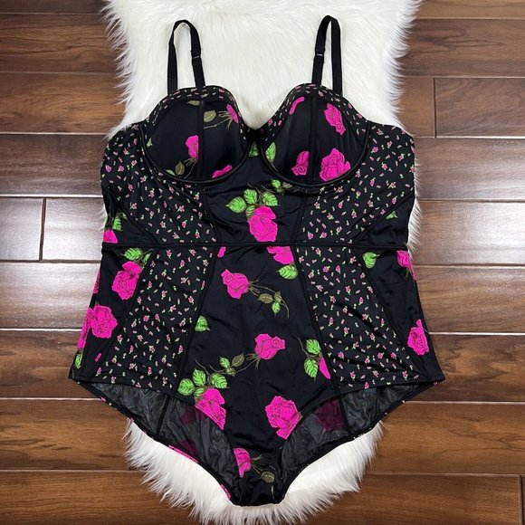 Torrid Betsey Johnson Women's Plus Size 6 Black Floral Rose One Piece Swim Suit - Picture 1 of 13
